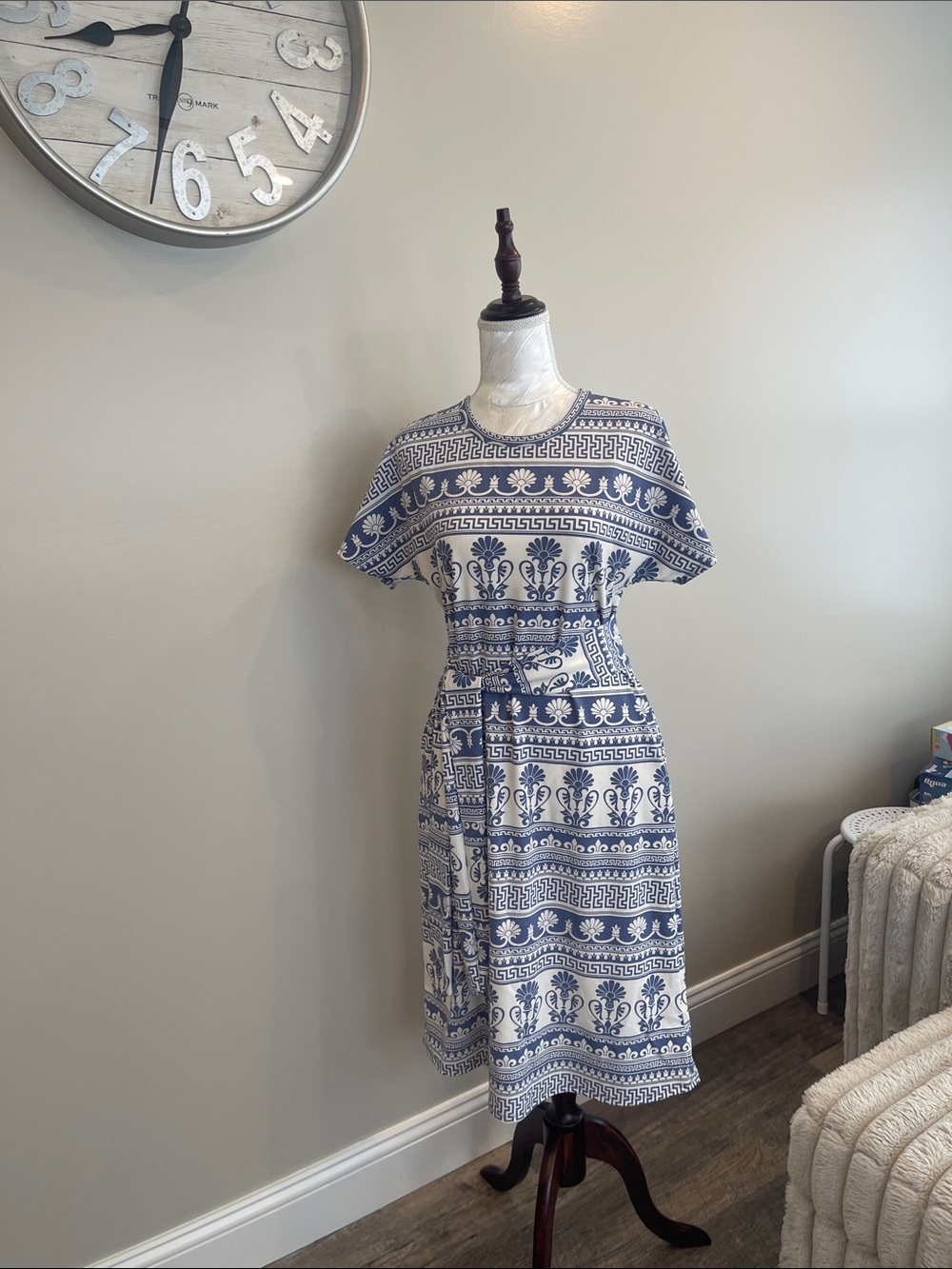 LuLaRoe Blue and White Printed Midi Dress